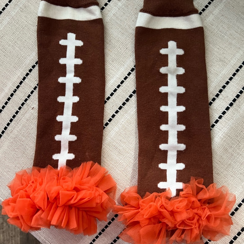 Football-Themed Kids Leg Warmers - Brown and Orange